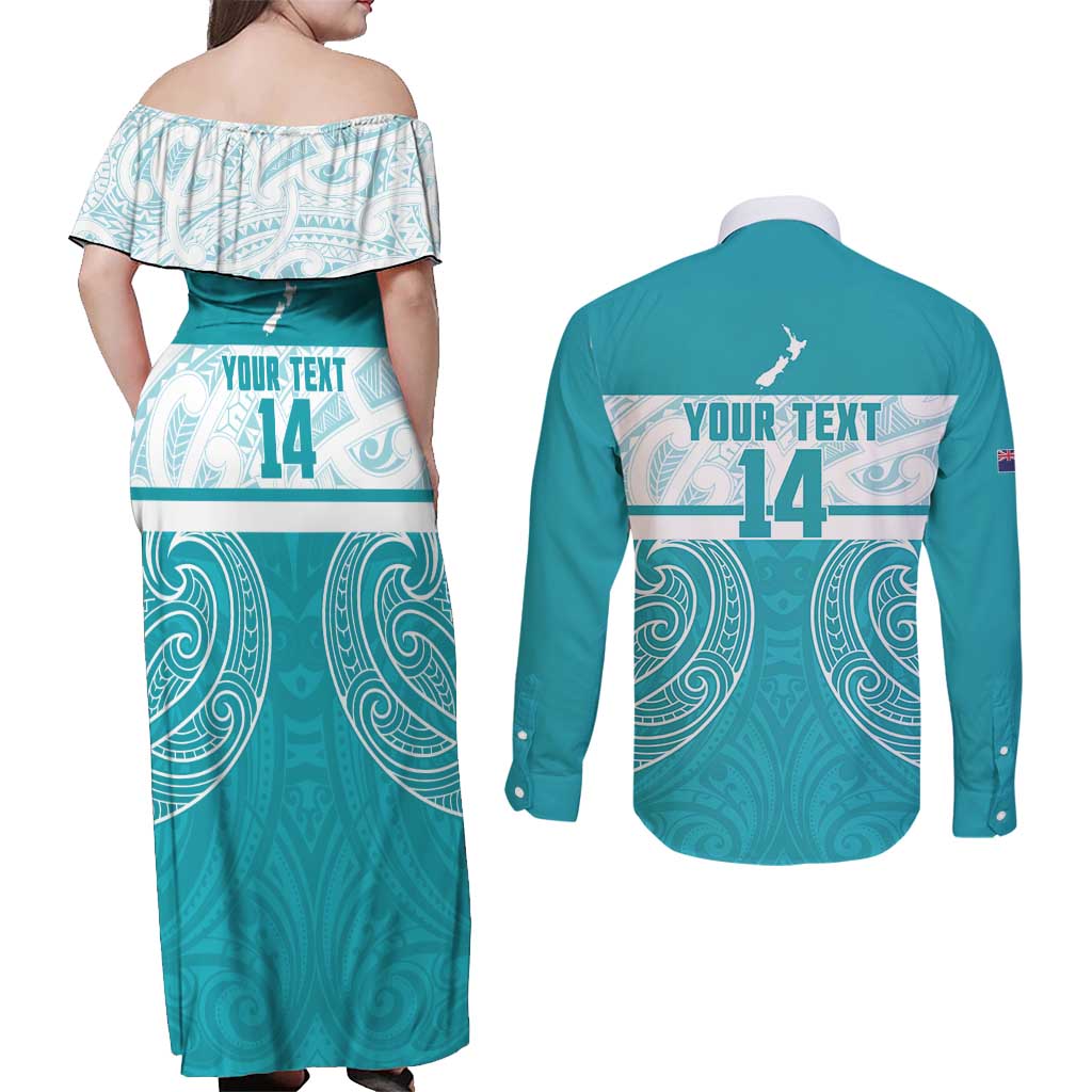 New Zealand Silver Fern Cricket Custom Couples Matching Off Shoulder Maxi Dress and Long Sleeve Button Shirt Black Cap Teal Maori Pattern LT14 - Polynesian Pride