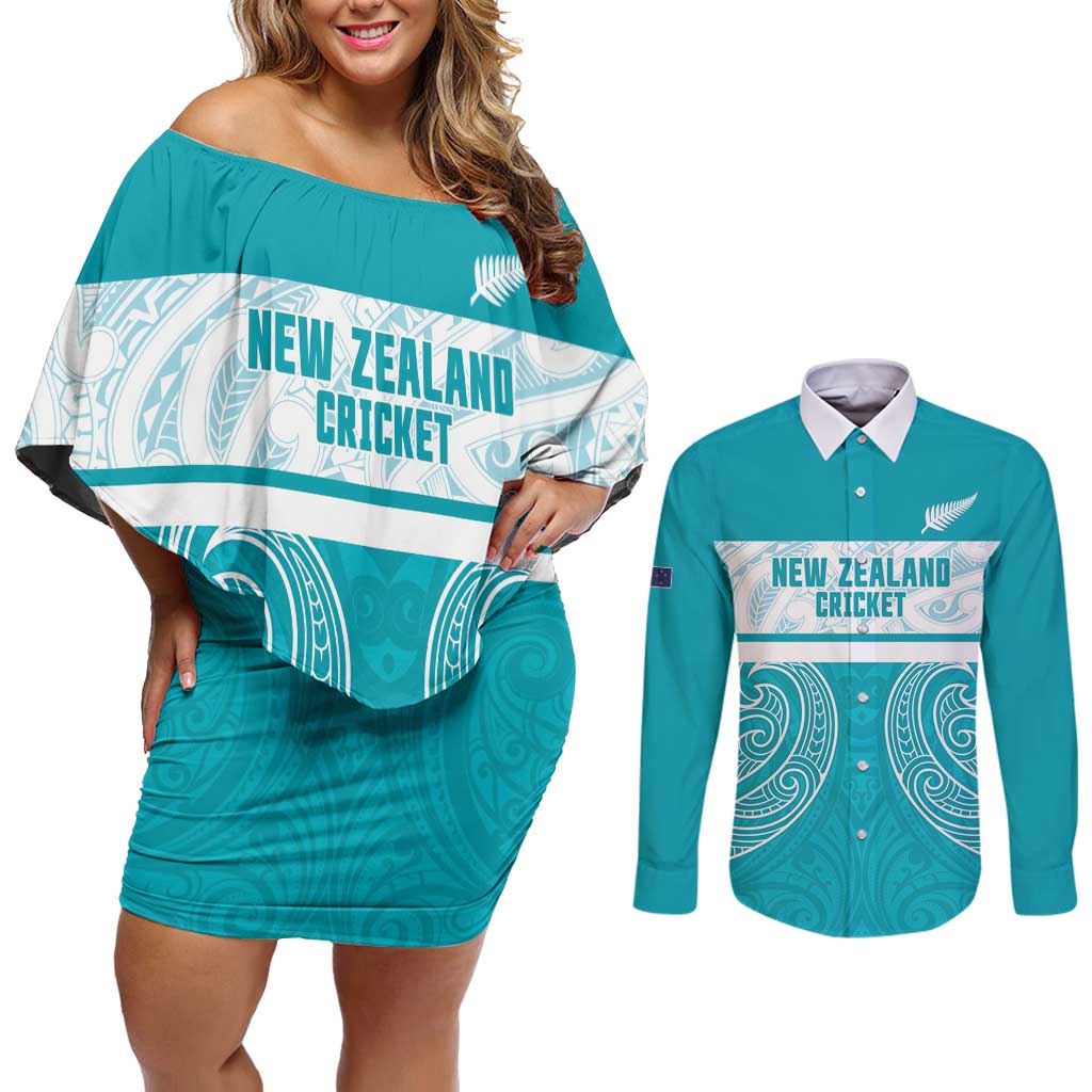 New Zealand Silver Fern Cricket Custom Couples Matching Off Shoulder Short Dress and Long Sleeve Button Shirt Black Cap Teal Maori Pattern LT14 Teal - Polynesian Pride