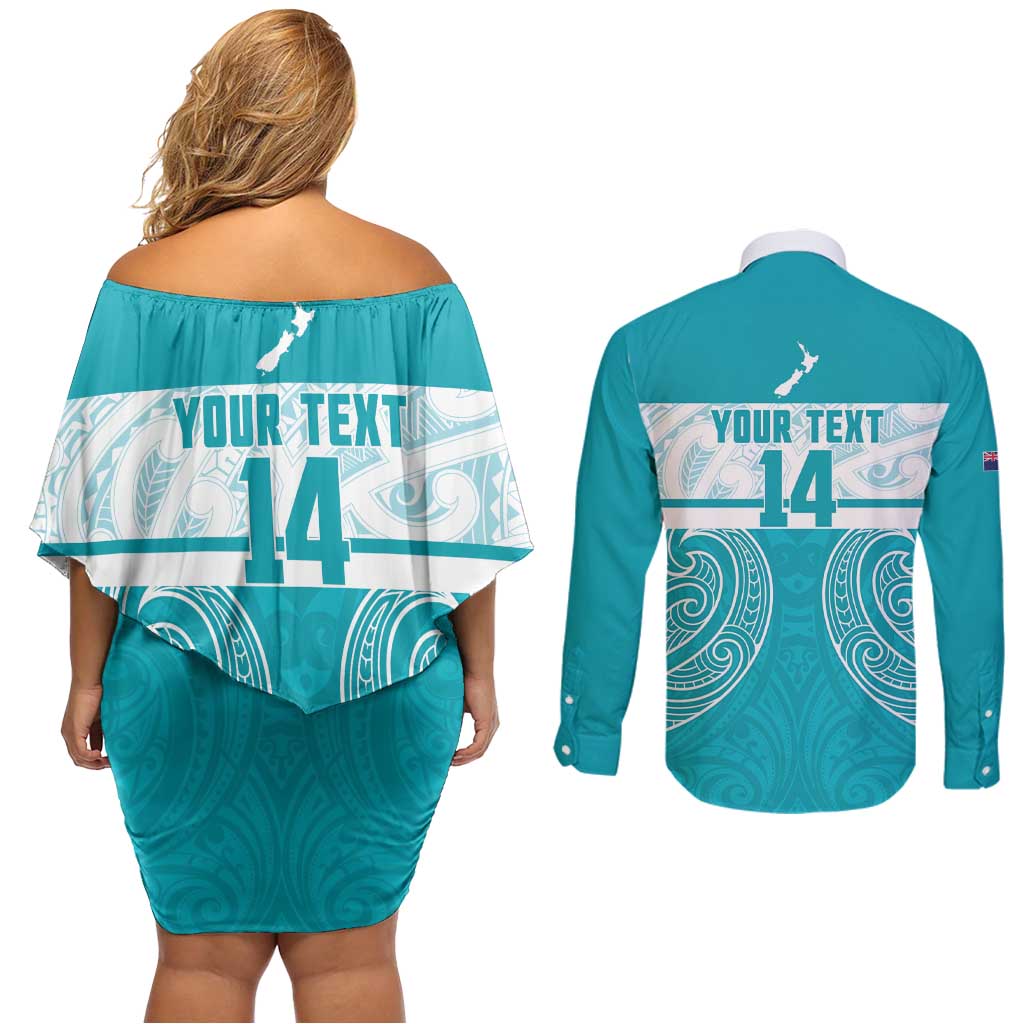 New Zealand Silver Fern Cricket Custom Couples Matching Off Shoulder Short Dress and Long Sleeve Button Shirt Black Cap Teal Maori Pattern LT14 - Polynesian Pride