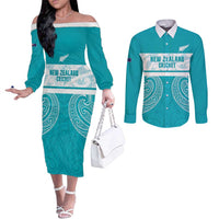 New Zealand Silver Fern Cricket Custom Couples Matching Off The Shoulder Long Sleeve Dress and Long Sleeve Button Shirt Black Cap Teal Maori Pattern LT14 Teal - Polynesian Pride