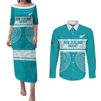 New Zealand Silver Fern Cricket Custom Couples Matching Puletasi and Long Sleeve Button Shirt Black Cap Teal Maori Pattern LT14 Teal - Polynesian Pride