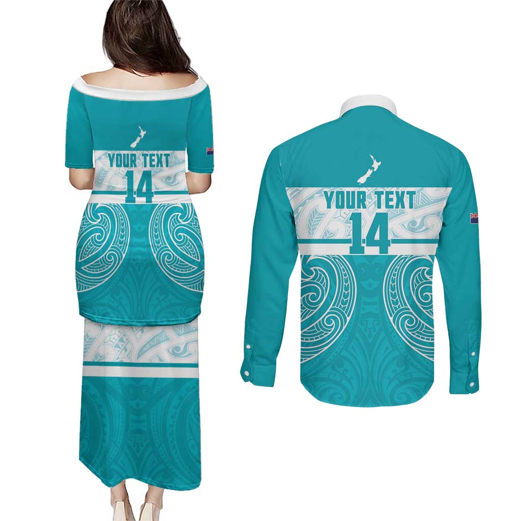 New Zealand Silver Fern Cricket Custom Couples Matching Puletasi and Long Sleeve Button Shirt Black Cap Teal Maori Pattern LT14 - Polynesian Pride