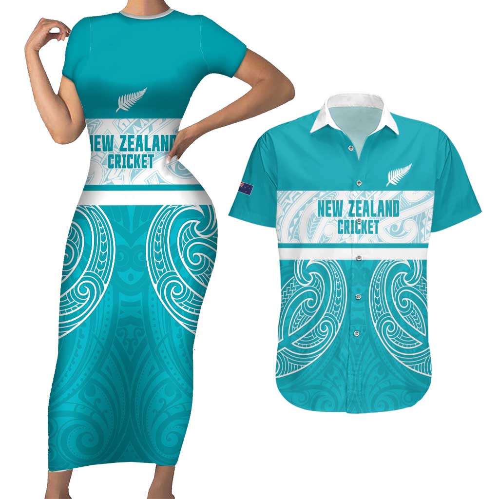 New Zealand Silver Fern Cricket Custom Couples Matching Short Sleeve Bodycon Dress and Hawaiian Shirt Black Cap Teal Maori Pattern LT14 Teal - Polynesian Pride