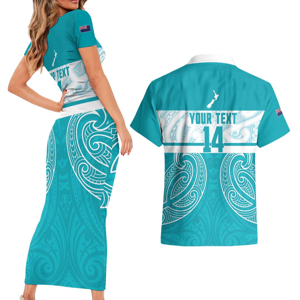 New Zealand Silver Fern Cricket Custom Couples Matching Short Sleeve Bodycon Dress and Hawaiian Shirt Black Cap Teal Maori Pattern LT14 - Polynesian Pride