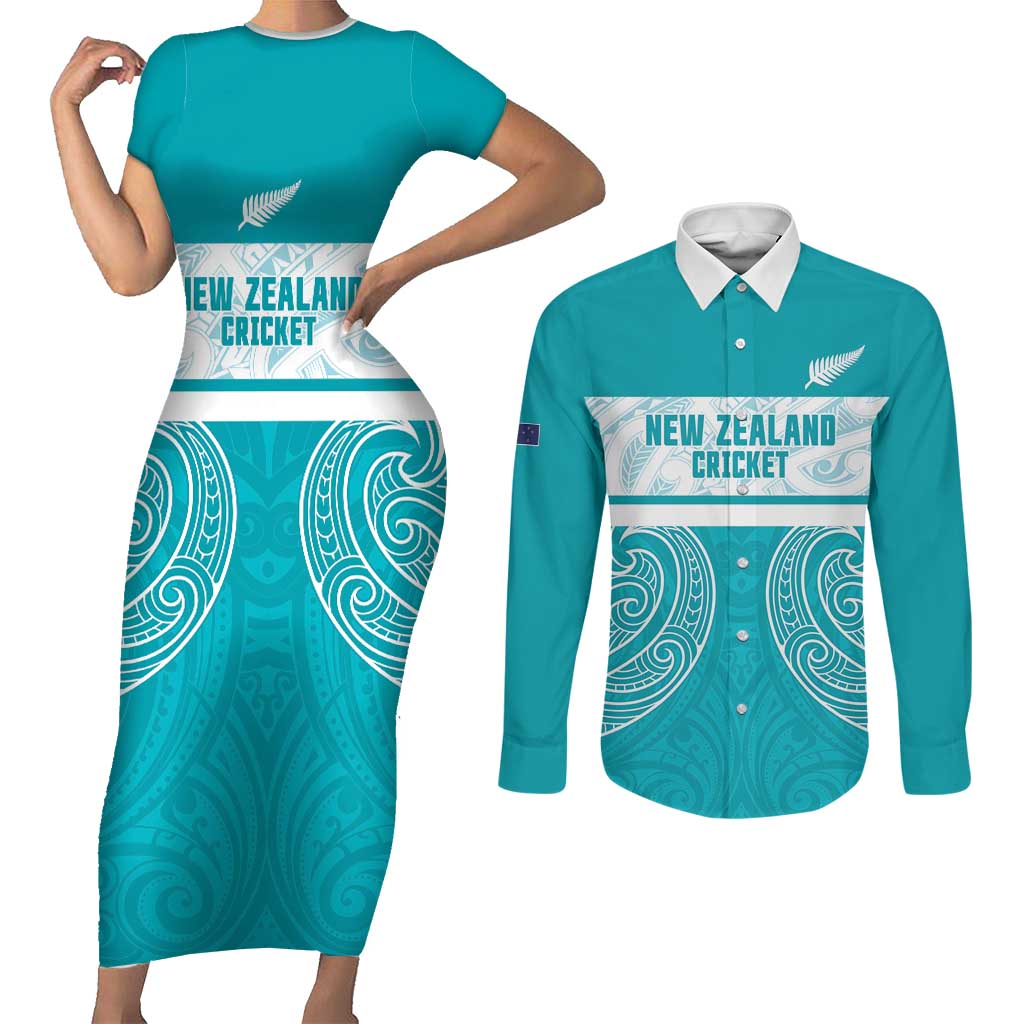 New Zealand Silver Fern Cricket Custom Couples Matching Short Sleeve Bodycon Dress and Long Sleeve Button Shirt Black Cap Teal Maori Pattern - Polynesian Pride