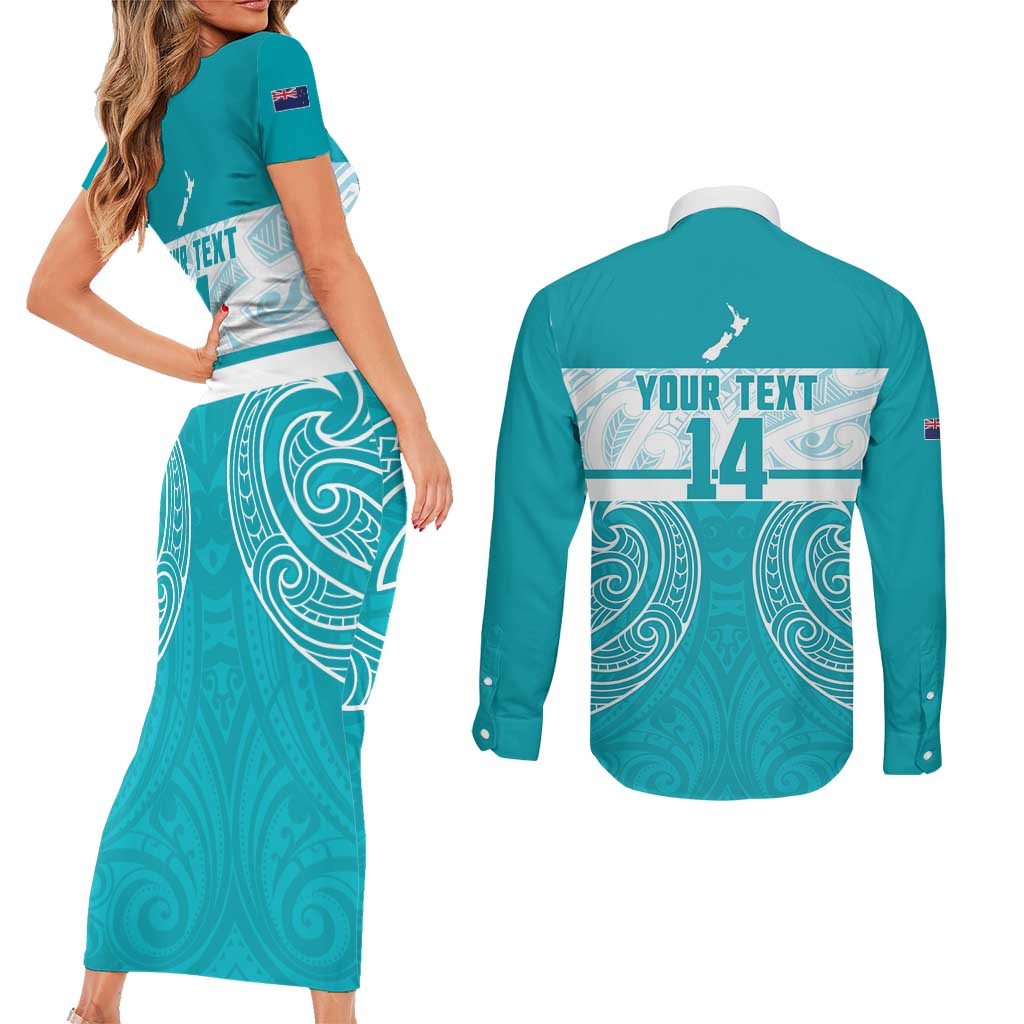 New Zealand Silver Fern Cricket Custom Couples Matching Short Sleeve Bodycon Dress and Long Sleeve Button Shirt Black Cap Teal Maori Pattern LT14 - Polynesian Pride