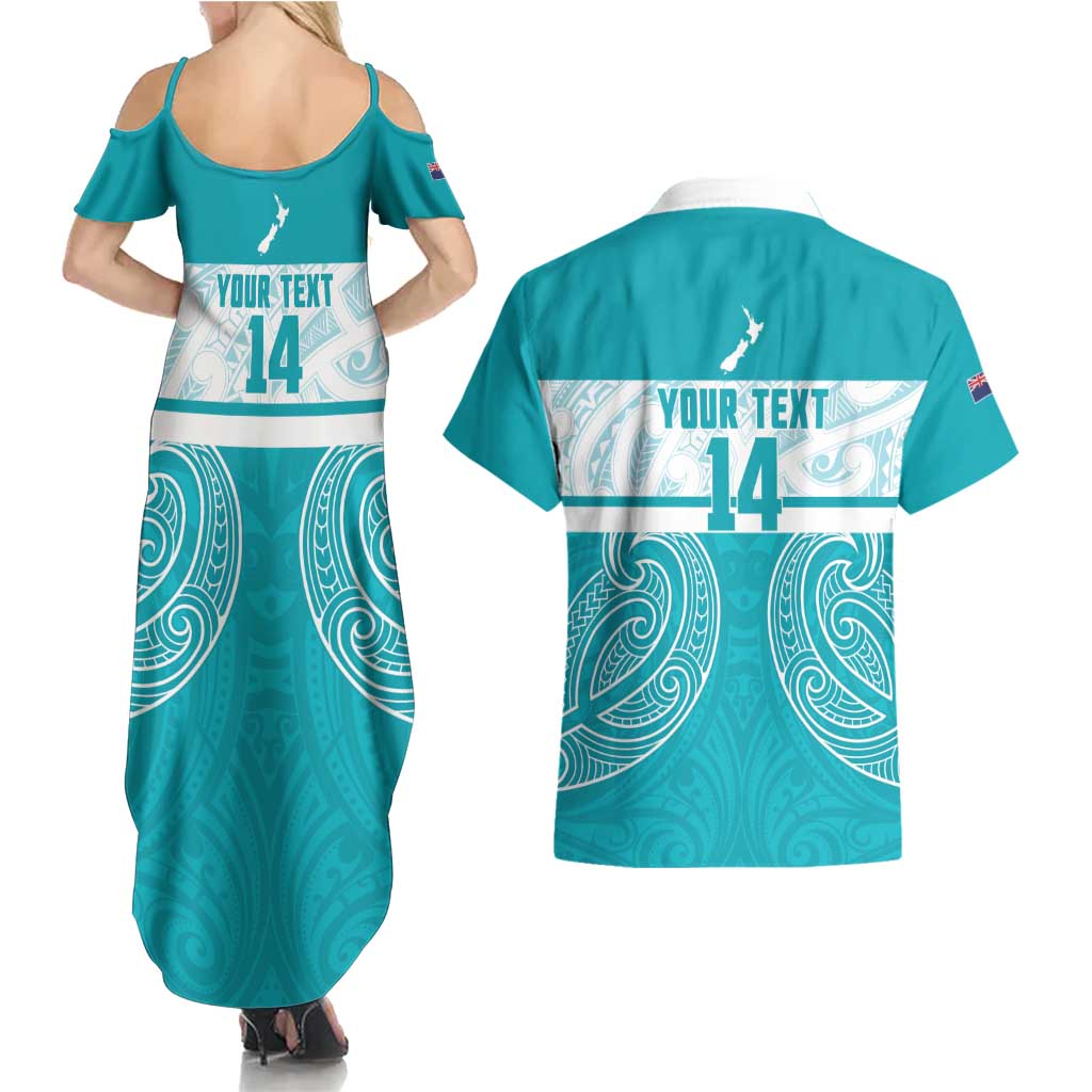 New Zealand Silver Fern Cricket Custom Couples Matching Summer Maxi Dress and Hawaiian Shirt Black Cap Teal Maori Pattern LT14 - Polynesian Pride