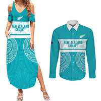 New Zealand Silver Fern Cricket Custom Couples Matching Summer Maxi Dress and Long Sleeve Button Shirt Black Cap Teal Maori Pattern LT14 Teal - Polynesian Pride