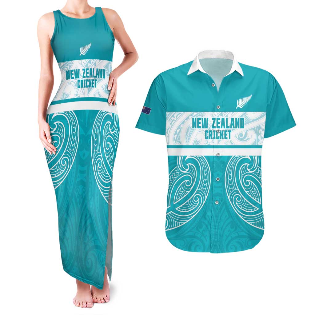 New Zealand Silver Fern Cricket Custom Couples Matching Tank Maxi Dress and Hawaiian Shirt Black Cap Teal Maori Pattern LT14 Teal - Polynesian Pride