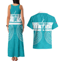New Zealand Silver Fern Cricket Custom Couples Matching Tank Maxi Dress and Hawaiian Shirt Black Cap Teal Maori Pattern LT14 - Polynesian Pride