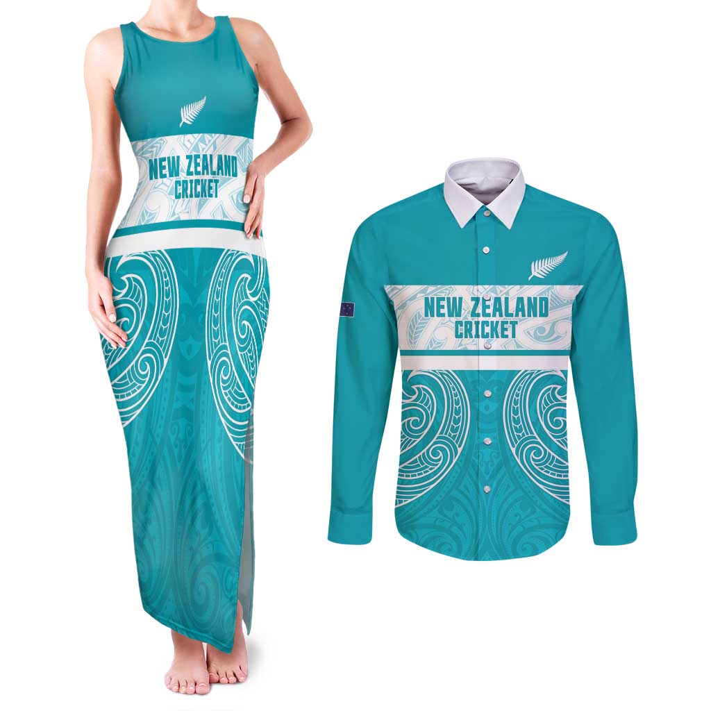 New Zealand Silver Fern Cricket Custom Couples Matching Tank Maxi Dress and Long Sleeve Button Shirt Black Cap Teal Maori Pattern LT14 Teal - Polynesian Pride