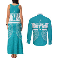 New Zealand Silver Fern Cricket Custom Couples Matching Tank Maxi Dress and Long Sleeve Button Shirt Black Cap Teal Maori Pattern LT14 - Polynesian Pride