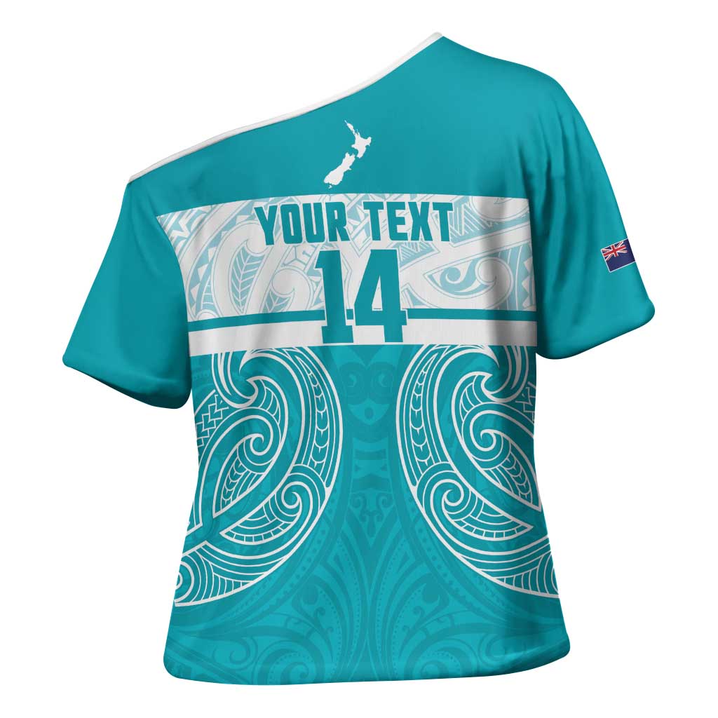 New Zealand Silver Fern Cricket Custom Cross Shoulder Shirt Black Cap Teal Maori Pattern - Polynesian Pride