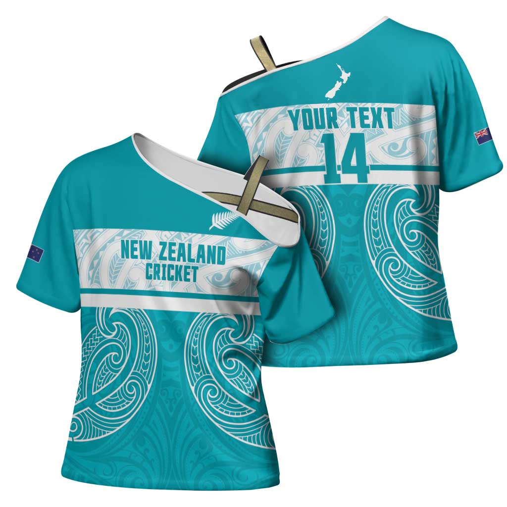 New Zealand Silver Fern Cricket Custom Cross Shoulder Shirt Black Cap Teal Maori Pattern - Polynesian Pride