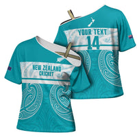 New Zealand Silver Fern Cricket Custom Cross Shoulder Shirt Black Cap Teal Maori Pattern - Polynesian Pride