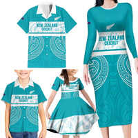 New Zealand Silver Fern Cricket Custom Family Matching Long Sleeve Bodycon Dress and Hawaiian Shirt Black Cap Teal Maori Pattern LT14 - Polynesian Pride