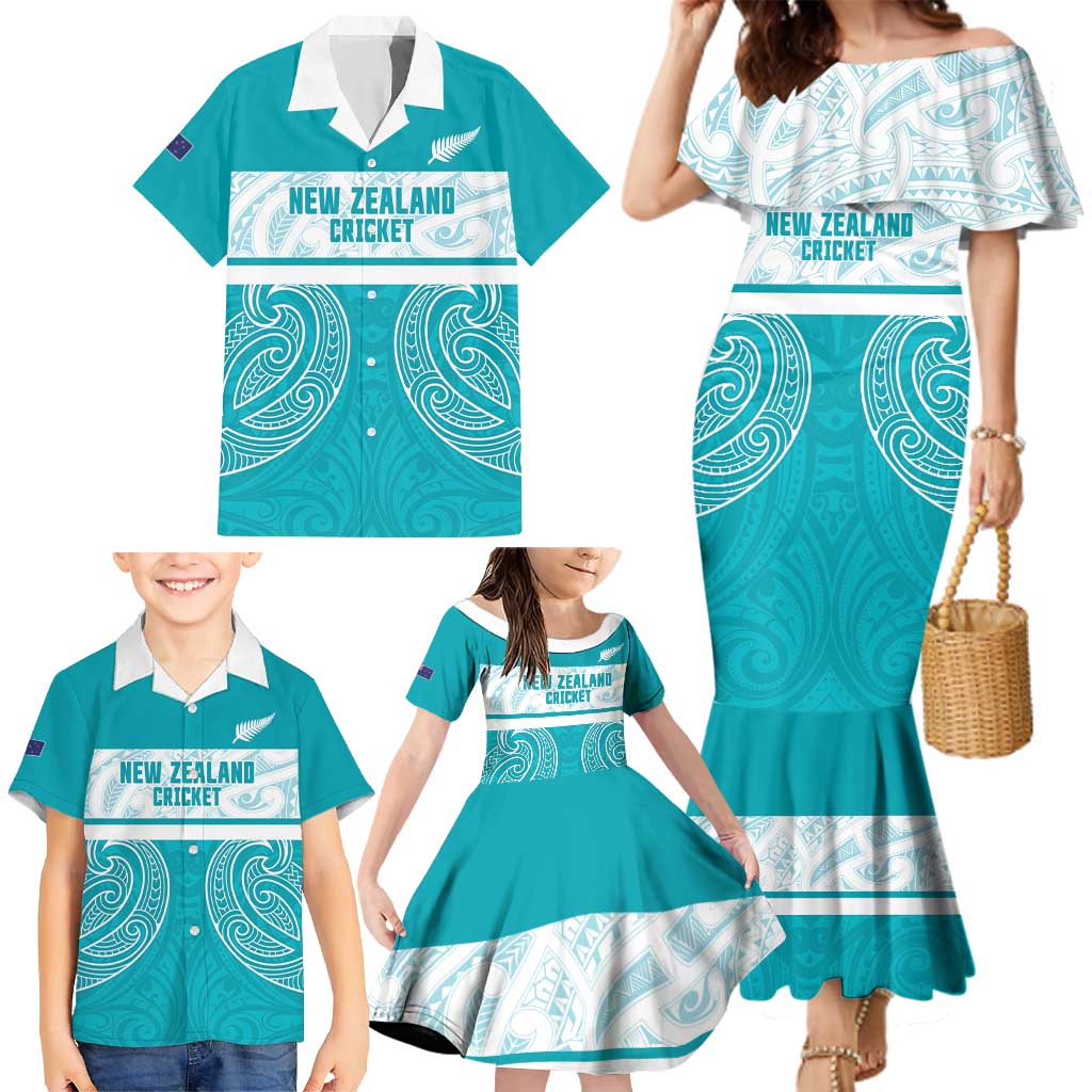 New Zealand Silver Fern Cricket Custom Family Matching Mermaid Dress and Hawaiian Shirt Black Cap Teal Maori Pattern LT14 - Polynesian Pride