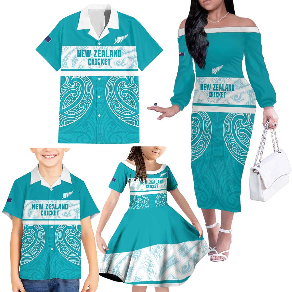 New Zealand Silver Fern Cricket Custom Family Matching Off The Shoulder Long Sleeve Dress and Hawaiian Shirt Black Cap Teal Maori Pattern LT14 - Polynesian Pride