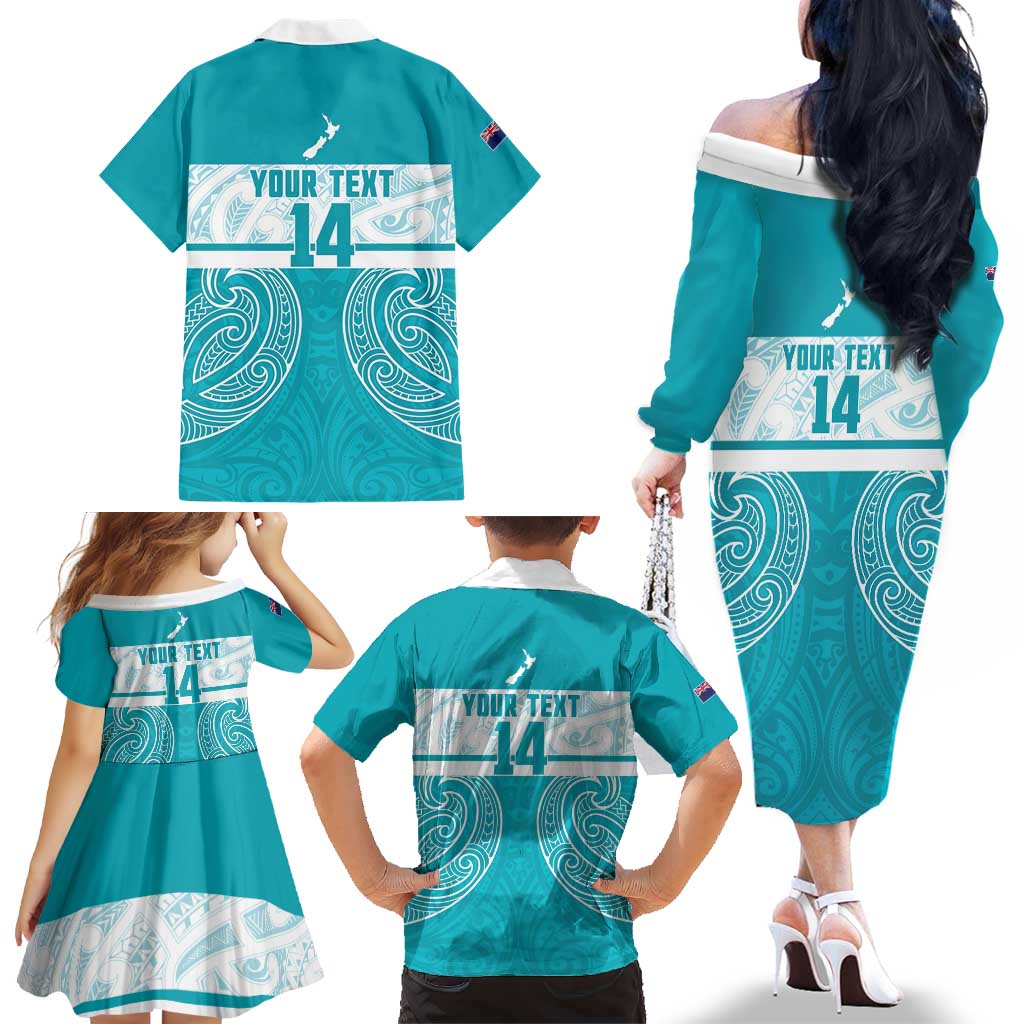 New Zealand Silver Fern Cricket Custom Family Matching Off The Shoulder Long Sleeve Dress and Hawaiian Shirt Black Cap Teal Maori Pattern LT14 - Polynesian Pride