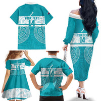 New Zealand Silver Fern Cricket Custom Family Matching Off The Shoulder Long Sleeve Dress and Hawaiian Shirt Black Cap Teal Maori Pattern LT14 - Polynesian Pride