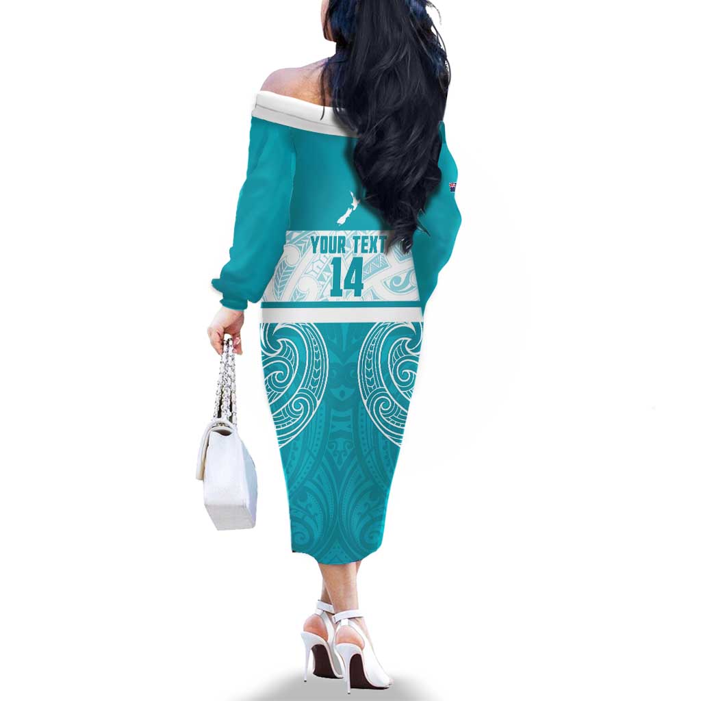 New Zealand Silver Fern Cricket Custom Family Matching Off The Shoulder Long Sleeve Dress and Hawaiian Shirt Black Cap Teal Maori Pattern LT14 - Polynesian Pride