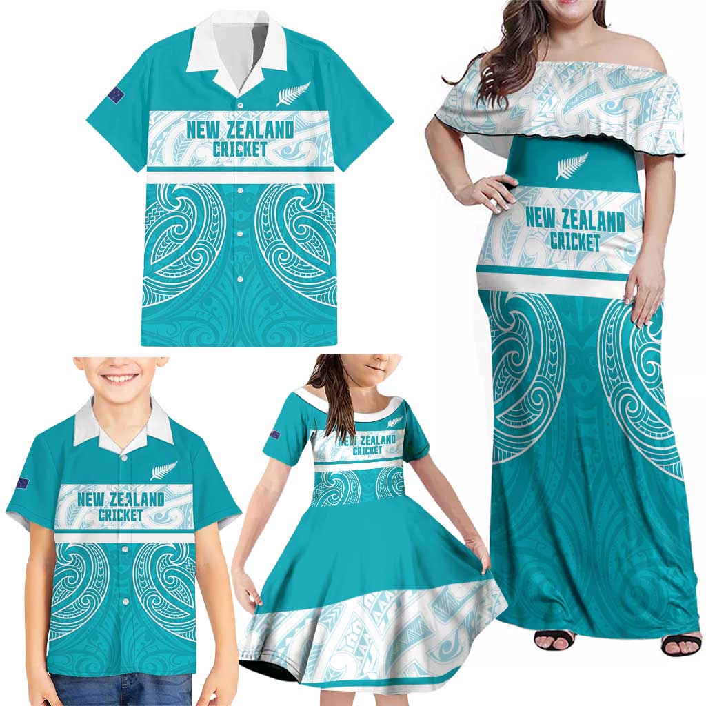 New Zealand Silver Fern Cricket Custom Family Matching Off Shoulder Maxi Dress and Hawaiian Shirt Black Cap Teal Maori Pattern LT14 - Polynesian Pride