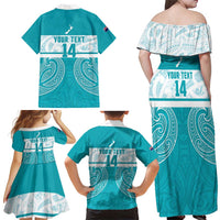 New Zealand Silver Fern Cricket Custom Family Matching Off Shoulder Maxi Dress and Hawaiian Shirt Black Cap Teal Maori Pattern LT14 - Polynesian Pride