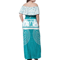 New Zealand Silver Fern Cricket Custom Family Matching Off Shoulder Maxi Dress and Hawaiian Shirt Black Cap Teal Maori Pattern LT14 - Polynesian Pride