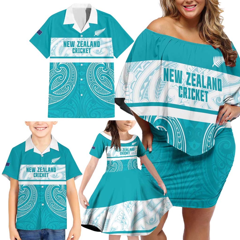 New Zealand Silver Fern Cricket Custom Family Matching Off Shoulder Short Dress and Hawaiian Shirt Black Cap Teal Maori Pattern - Polynesian Pride