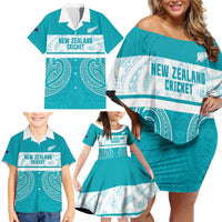 New Zealand Silver Fern Cricket Custom Family Matching Off Shoulder Short Dress and Hawaiian Shirt Black Cap Teal Maori Pattern LT14 - Polynesian Pride
