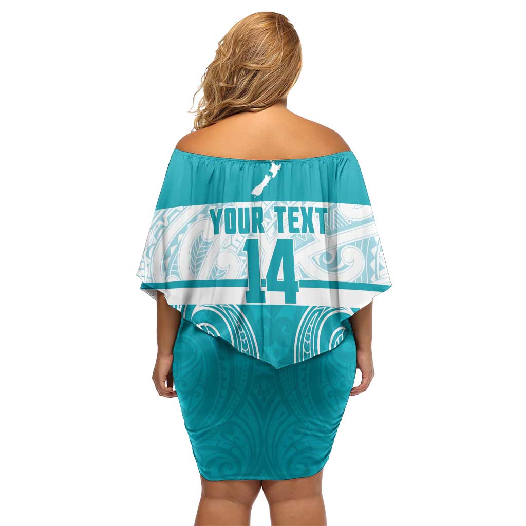 New Zealand Silver Fern Cricket Custom Family Matching Off Shoulder Short Dress and Hawaiian Shirt Black Cap Teal Maori Pattern LT14 - Polynesian Pride