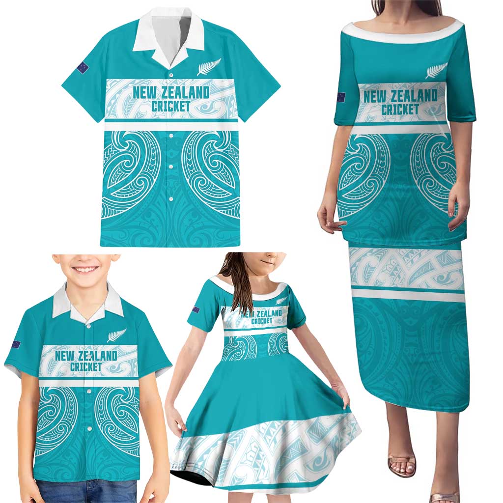 New Zealand Silver Fern Cricket Custom Family Matching Puletasi and Hawaiian Shirt Black Cap Teal Maori Pattern LT14 - Polynesian Pride
