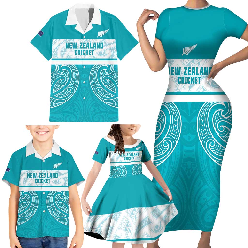 New Zealand Silver Fern Cricket Custom Family Matching Short Sleeve Bodycon Dress and Hawaiian Shirt Black Cap Teal Maori Pattern - Polynesian Pride