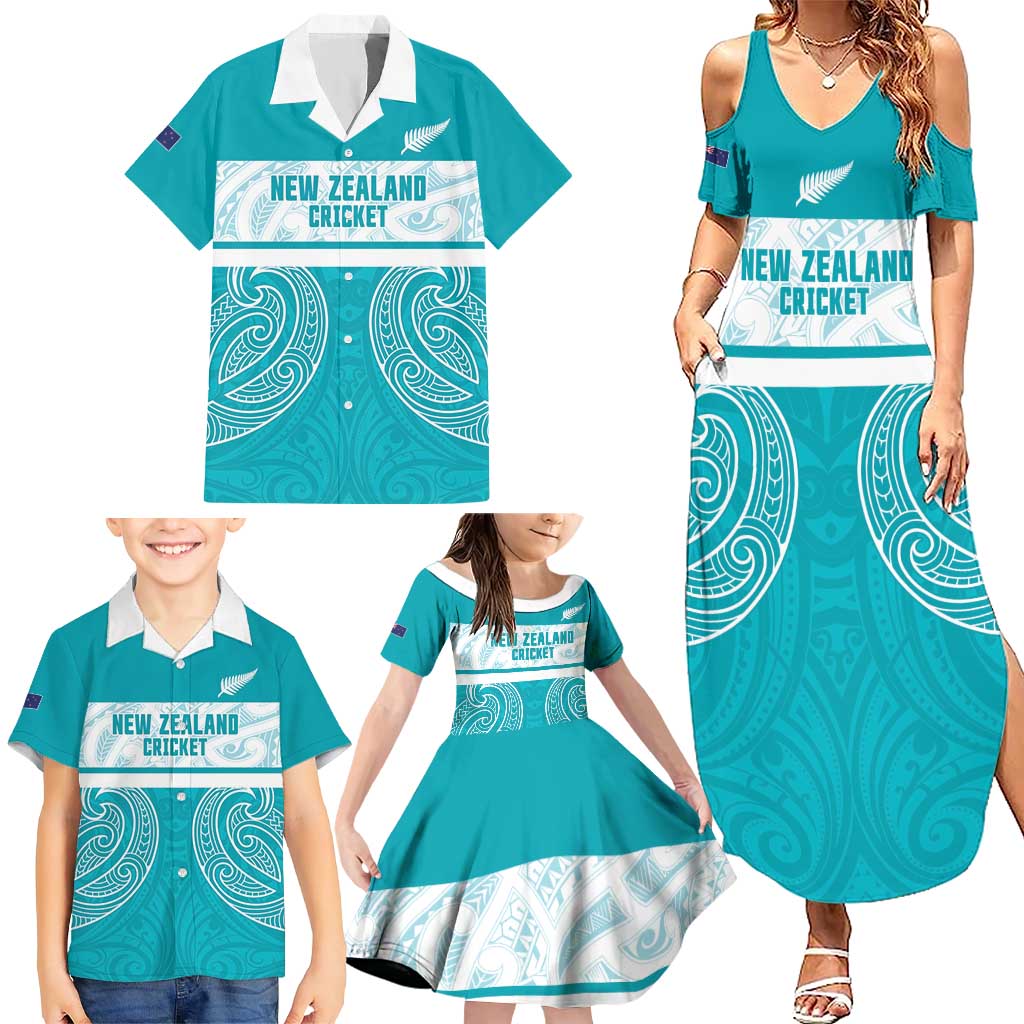 New Zealand Silver Fern Cricket Custom Family Matching Summer Maxi Dress and Hawaiian Shirt Black Cap Teal Maori Pattern LT14 - Polynesian Pride