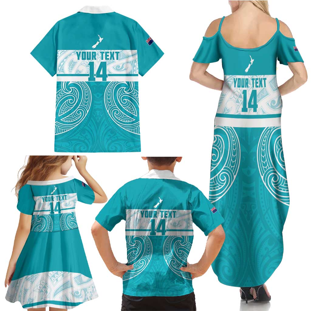 New Zealand Silver Fern Cricket Custom Family Matching Summer Maxi Dress and Hawaiian Shirt Black Cap Teal Maori Pattern LT14 - Polynesian Pride