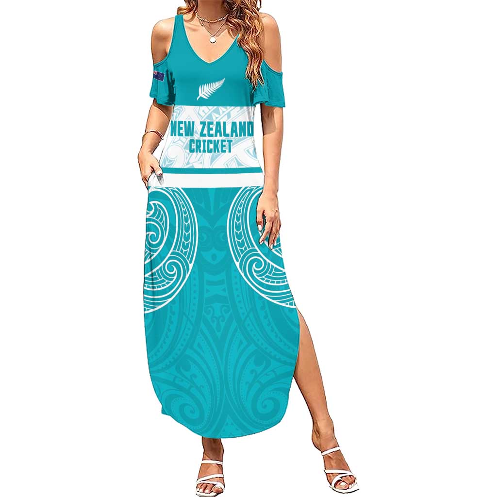 New Zealand Silver Fern Cricket Custom Family Matching Summer Maxi Dress and Hawaiian Shirt Black Cap Teal Maori Pattern LT14 Mom's Dress Teal - Polynesian Pride