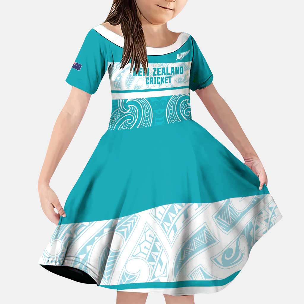New Zealand Silver Fern Cricket Custom Family Matching Tank Maxi Dress and Hawaiian Shirt Black Cap Teal Maori Pattern LT14 Daughter's Dress Teal - Polynesian Pride