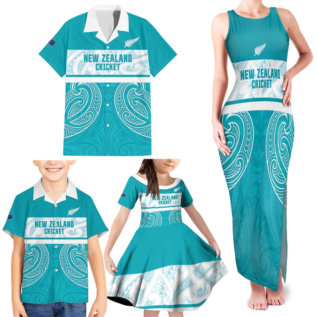 New Zealand Silver Fern Cricket Custom Family Matching Tank Maxi Dress and Hawaiian Shirt Black Cap Teal Maori Pattern LT14 - Polynesian Pride