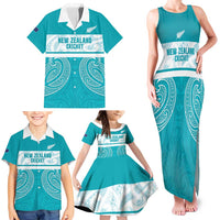 New Zealand Silver Fern Cricket Custom Family Matching Tank Maxi Dress and Hawaiian Shirt Black Cap Teal Maori Pattern LT14 - Polynesian Pride