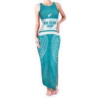 New Zealand Silver Fern Cricket Custom Family Matching Tank Maxi Dress and Hawaiian Shirt Black Cap Teal Maori Pattern LT14 Mom's Dress Teal - Polynesian Pride