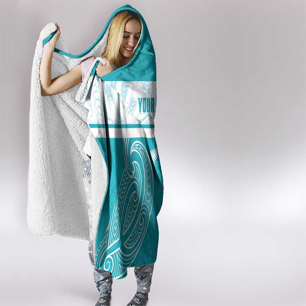 New Zealand Silver Fern Cricket Custom Hooded Blanket Black Cap Teal Maori Pattern - Polynesian Pride
