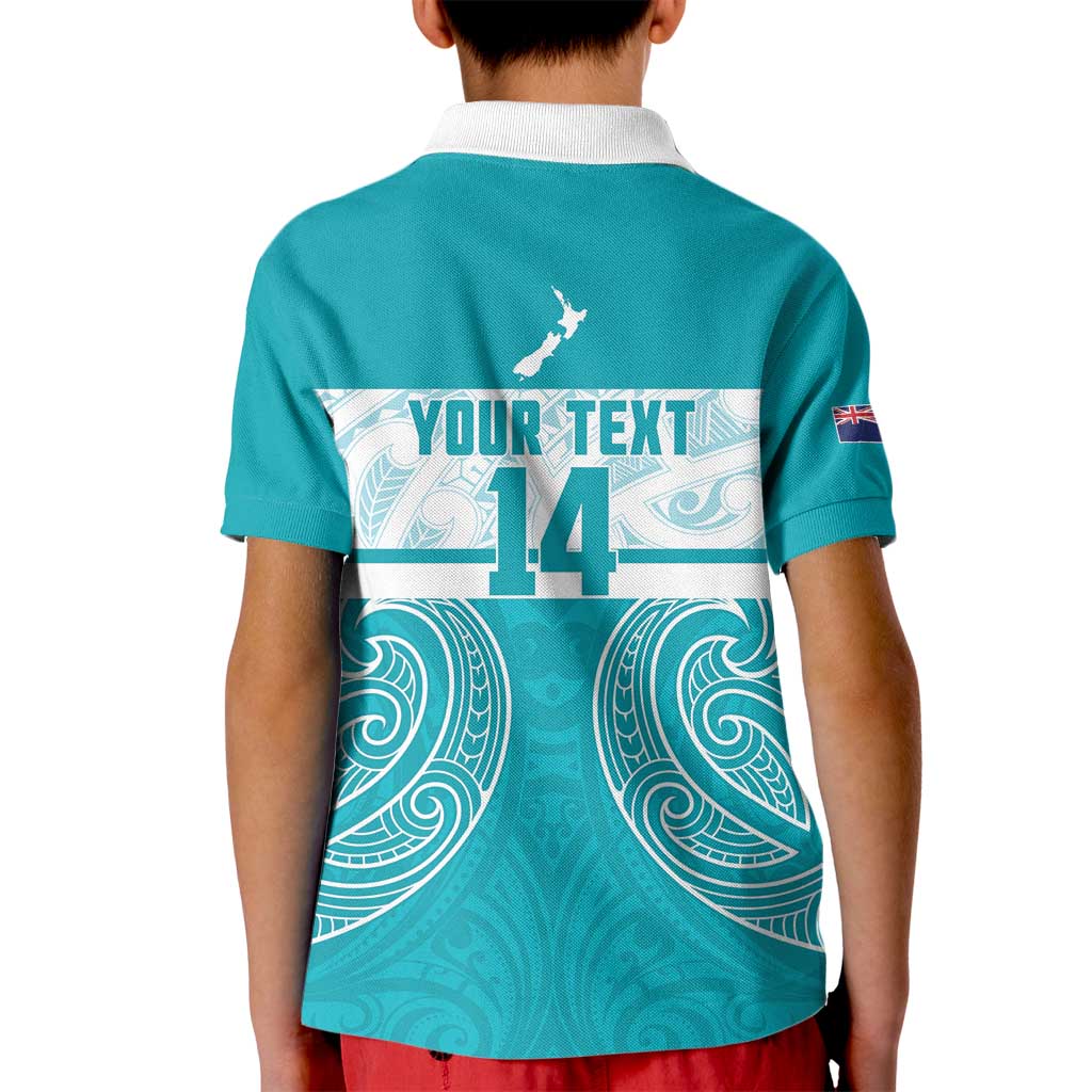 New Zealand Silver Fern Cricket Custom Kid Polo Shirt Black Cap Teal Maori Pattern - Polynesian Pride