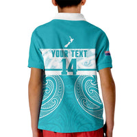 New Zealand Silver Fern Cricket Custom Kid Polo Shirt Black Cap Teal Maori Pattern - Polynesian Pride
