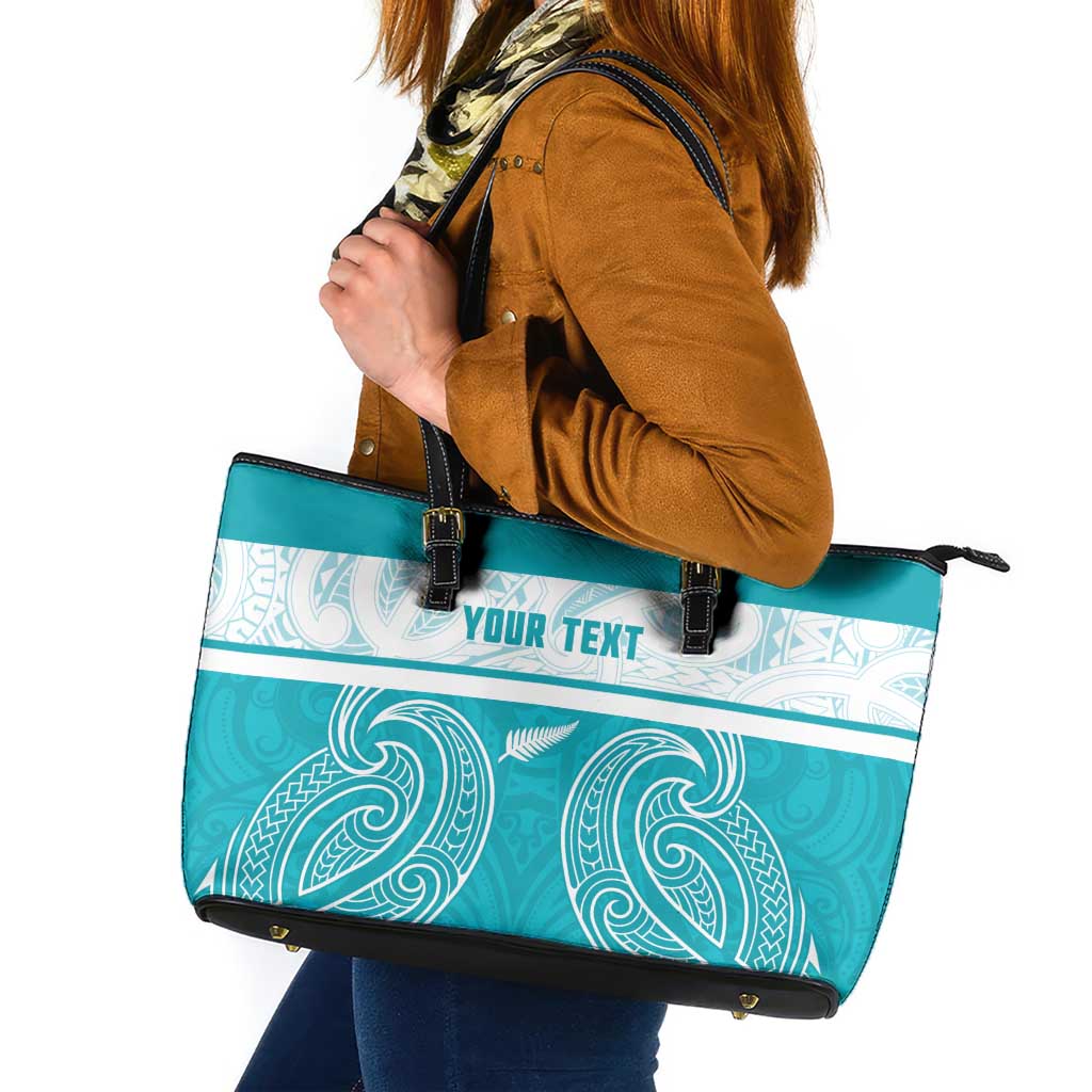 New Zealand Silver Fern Cricket Custom Leather Tote Bag Black Cap Teal Maori Pattern LT14 Teal - Polynesian Pride