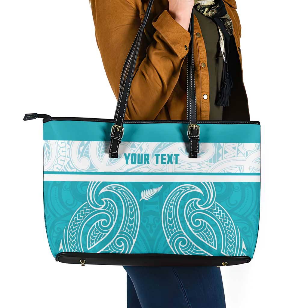 New Zealand Silver Fern Cricket Custom Leather Tote Bag Black Cap Teal Maori Pattern LT14 - Polynesian Pride
