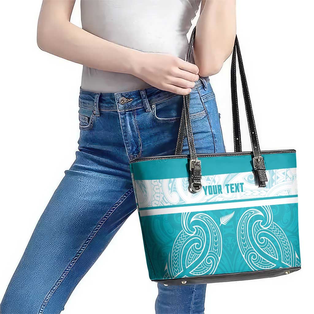 New Zealand Silver Fern Cricket Custom Leather Tote Bag Black Cap Teal Maori Pattern LT14 - Polynesian Pride