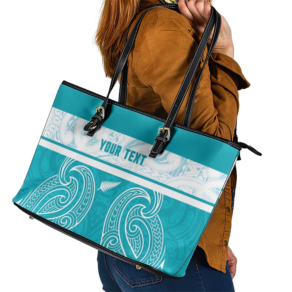 New Zealand Silver Fern Cricket Custom Leather Tote Bag Black Cap Teal Maori Pattern LT14 - Polynesian Pride