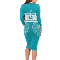 New Zealand Silver Fern Cricket Custom Long Sleeve Bodycon Dress Black Cap Teal Maori Pattern LT14 - Polynesian Pride
