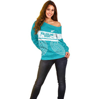 New Zealand Silver Fern Cricket Custom Off Shoulder Sweater Black Cap Teal Maori Pattern - Polynesian Pride