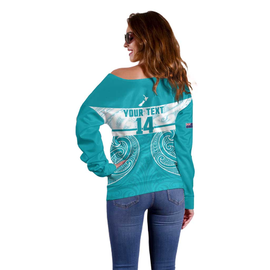 New Zealand Silver Fern Cricket Custom Off Shoulder Sweater Black Cap Teal Maori Pattern - Polynesian Pride